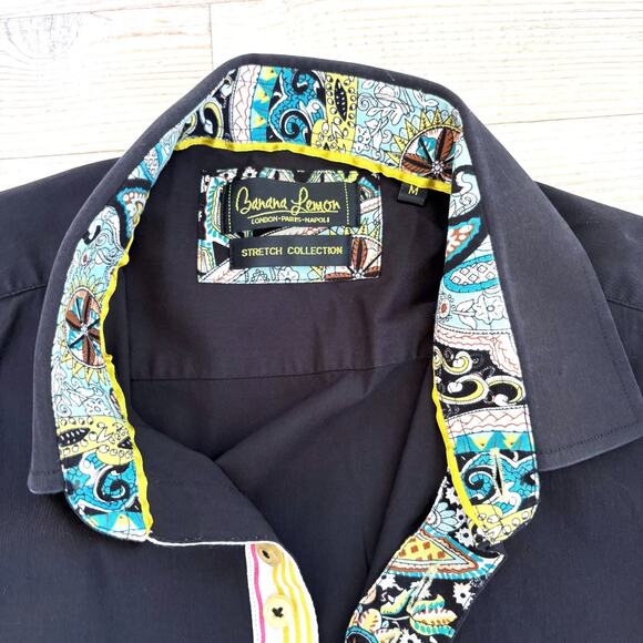 Banana Lemon‎ Stretch Black Dress Shirt With Contrast Pattern | Size M - Picture 2 of 9